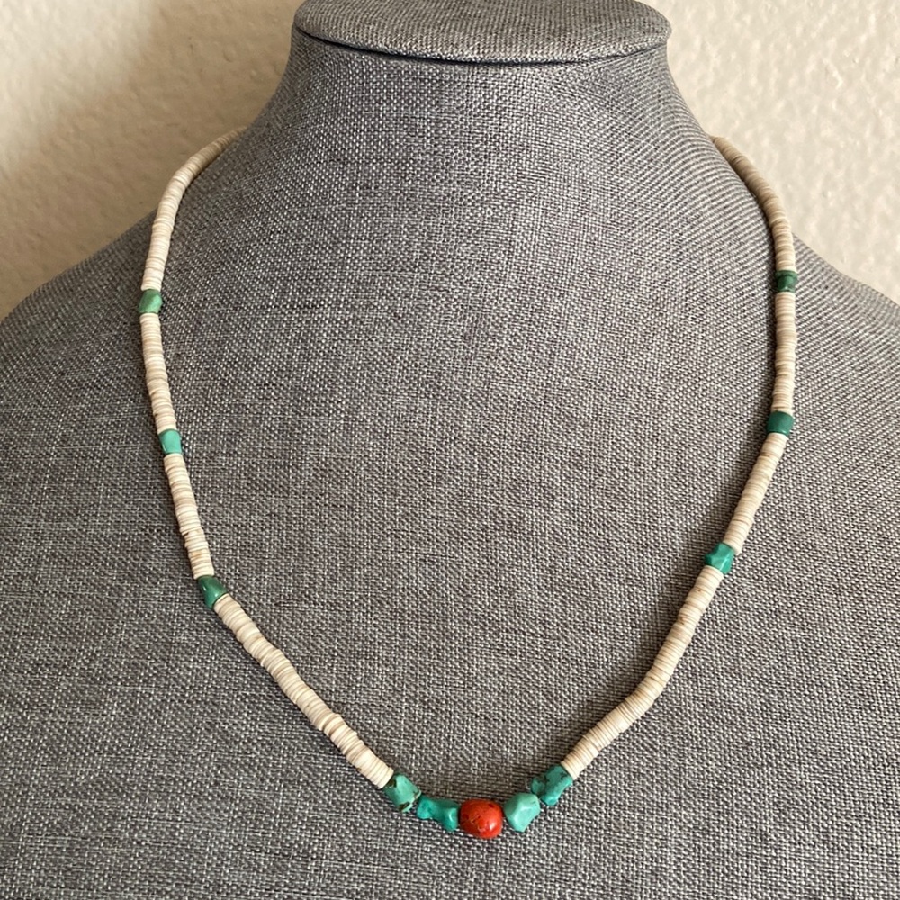 Vintage Native American Turquoise Coral Pooka Shells Sterling Silver Closure